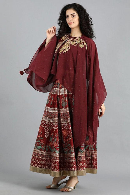 Maroon Round Neck Cape Sleeves Set - wforwoman