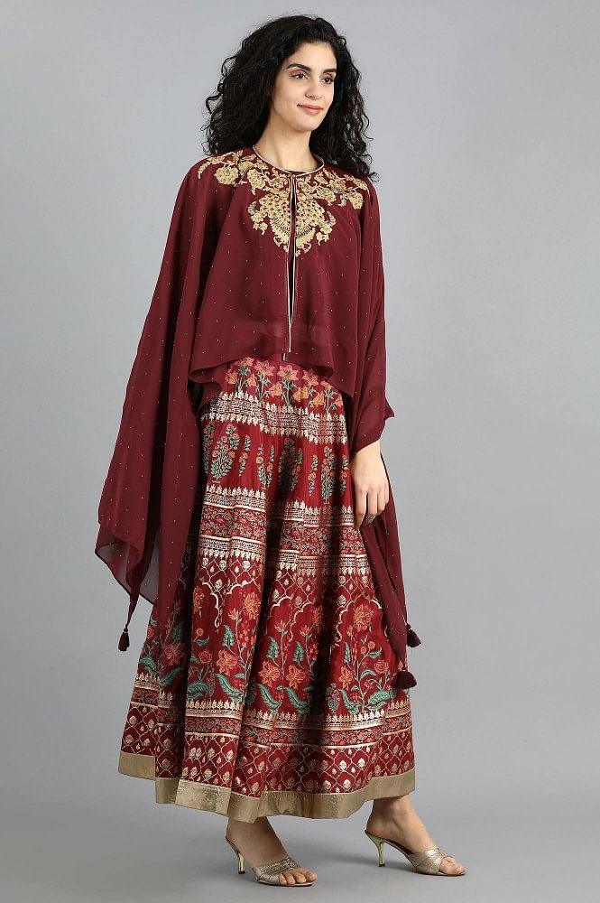 Maroon Round Neck Cape Sleeves Set - wforwoman