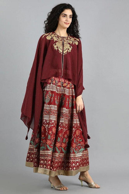 Maroon Round Neck Cape Sleeves Set - wforwoman