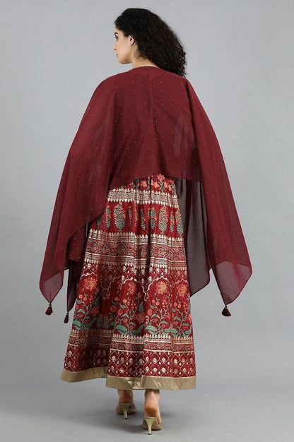 Maroon Round Neck Cape Sleeves Set - wforwoman