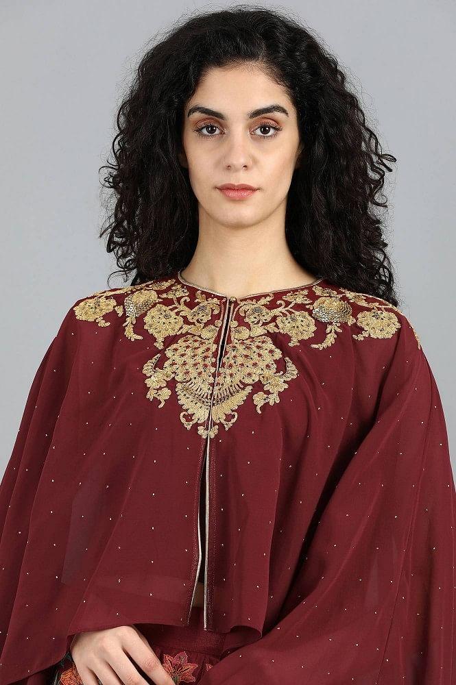 Maroon Round Neck Cape Sleeves Set - wforwoman