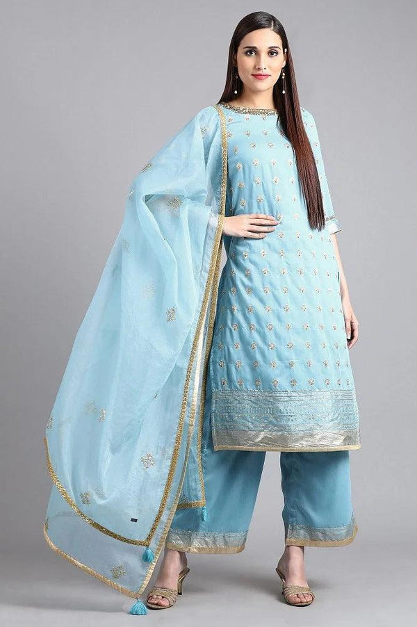 Blue Round Neck Embellished kurta Set
