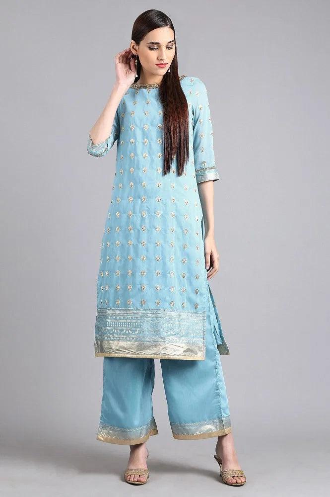 Blue Round Neck Embellished kurta Set - wforwoman