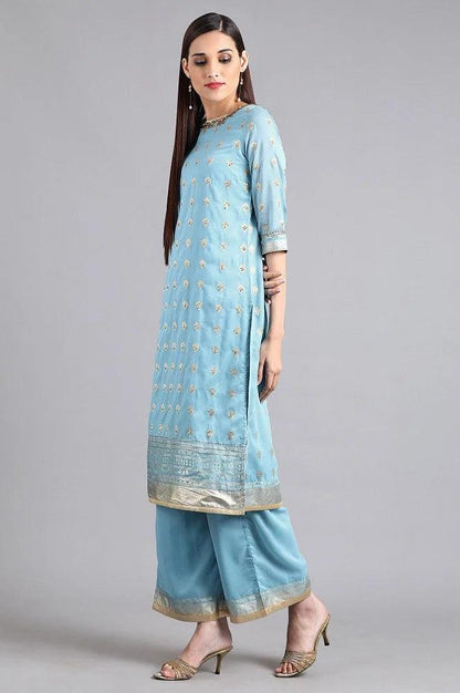 Blue Round Neck Embellished kurta Set - wforwoman