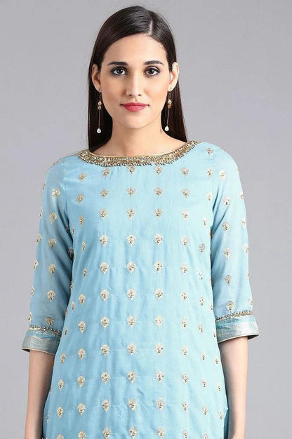 Blue Round Neck Embellished kurta Set - wforwoman