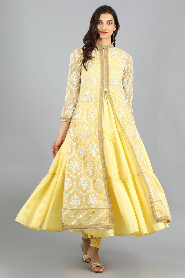 Yellow Mandarin Neck Embellished kurta Set