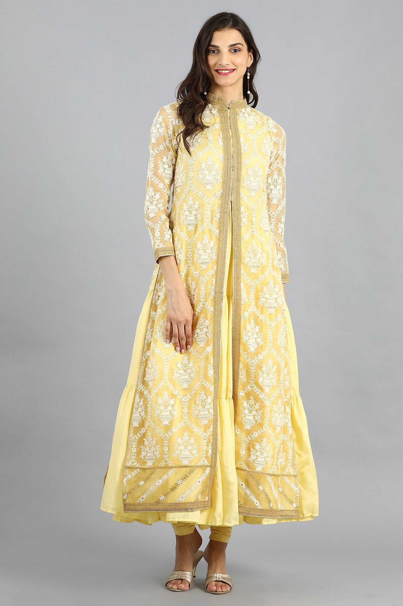 Yellow Mandarin Neck Embellished kurta Set