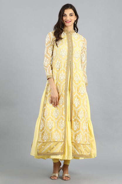 Yellow Mandarin Neck Embellished kurta Set