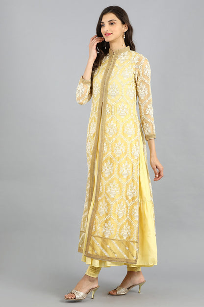 Yellow Mandarin Neck Embellished kurta Set
