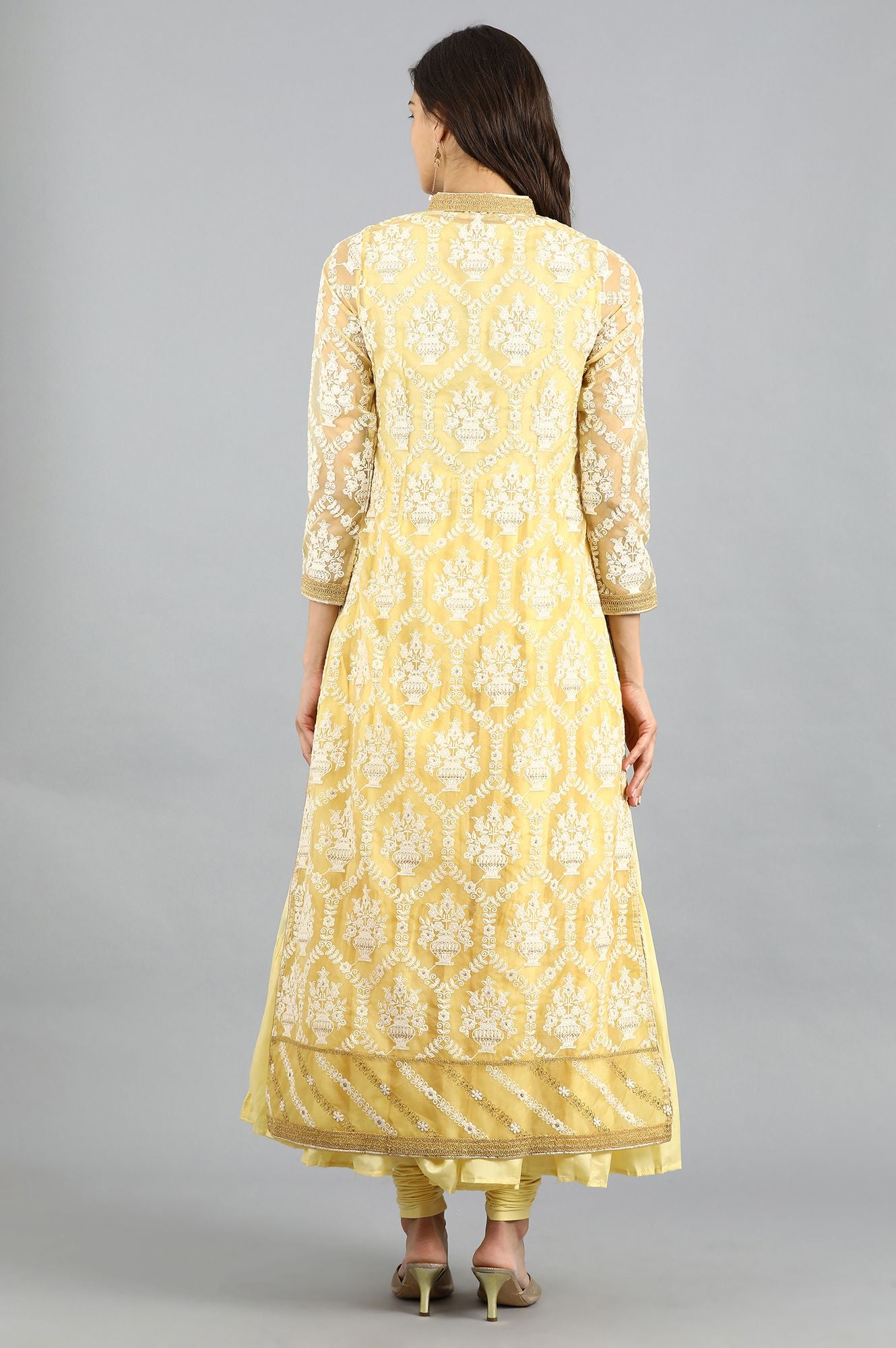 Yellow Mandarin Neck Embellished kurta Set