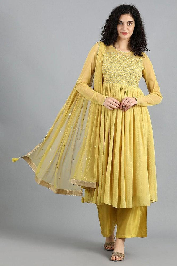 Yellow Round Neck Embellished Set