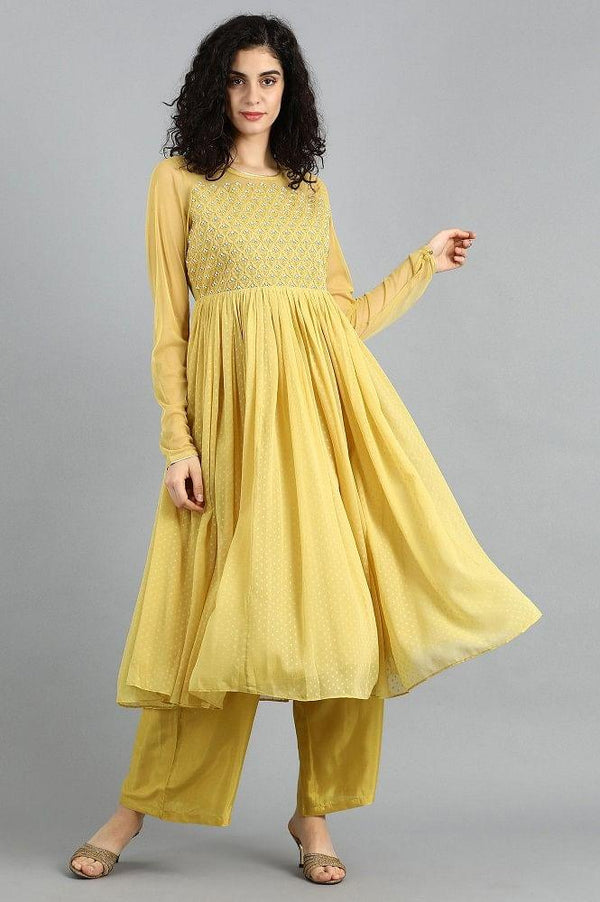 Yellow Round Neck Embellished Set