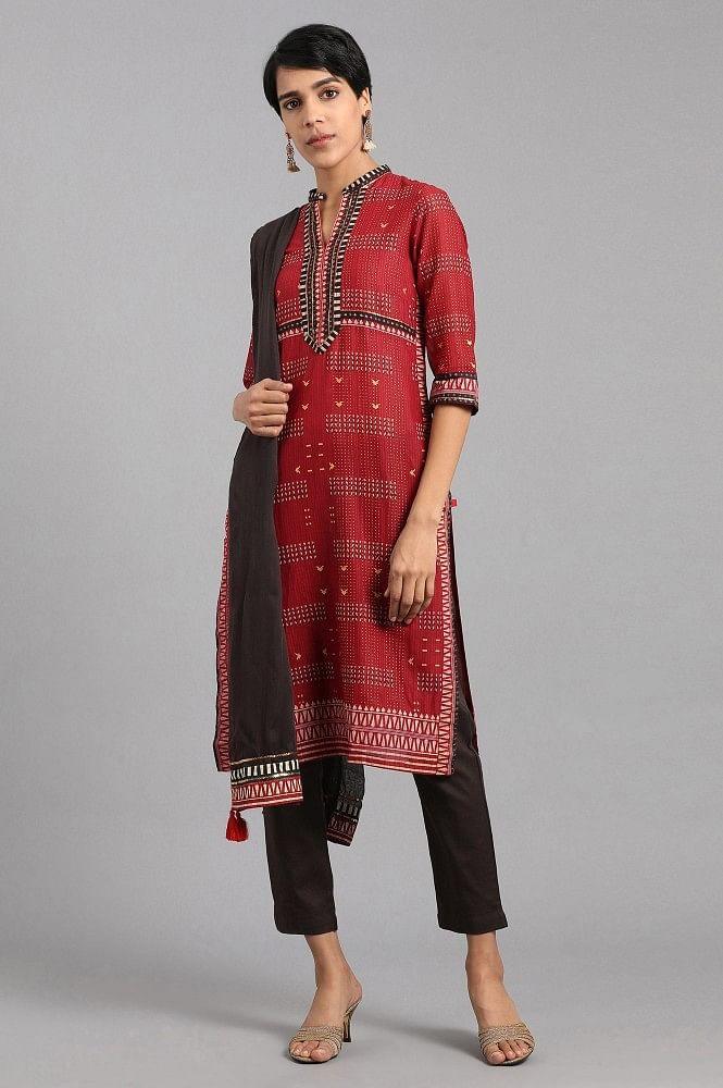 Maroon Mandarin Neck Printed kurta - wforwoman
