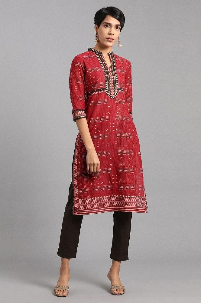 Maroon Mandarin Neck Printed kurta - wforwoman