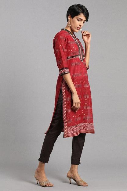 Maroon Mandarin Neck Printed kurta - wforwoman
