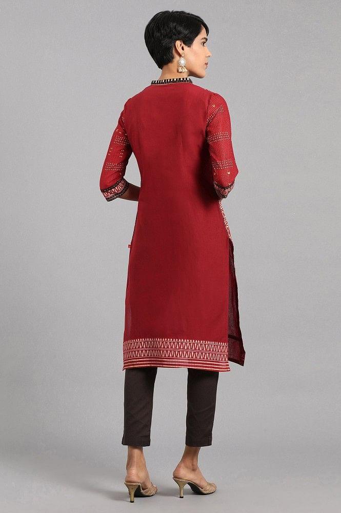 Maroon Mandarin Neck Printed kurta - wforwoman