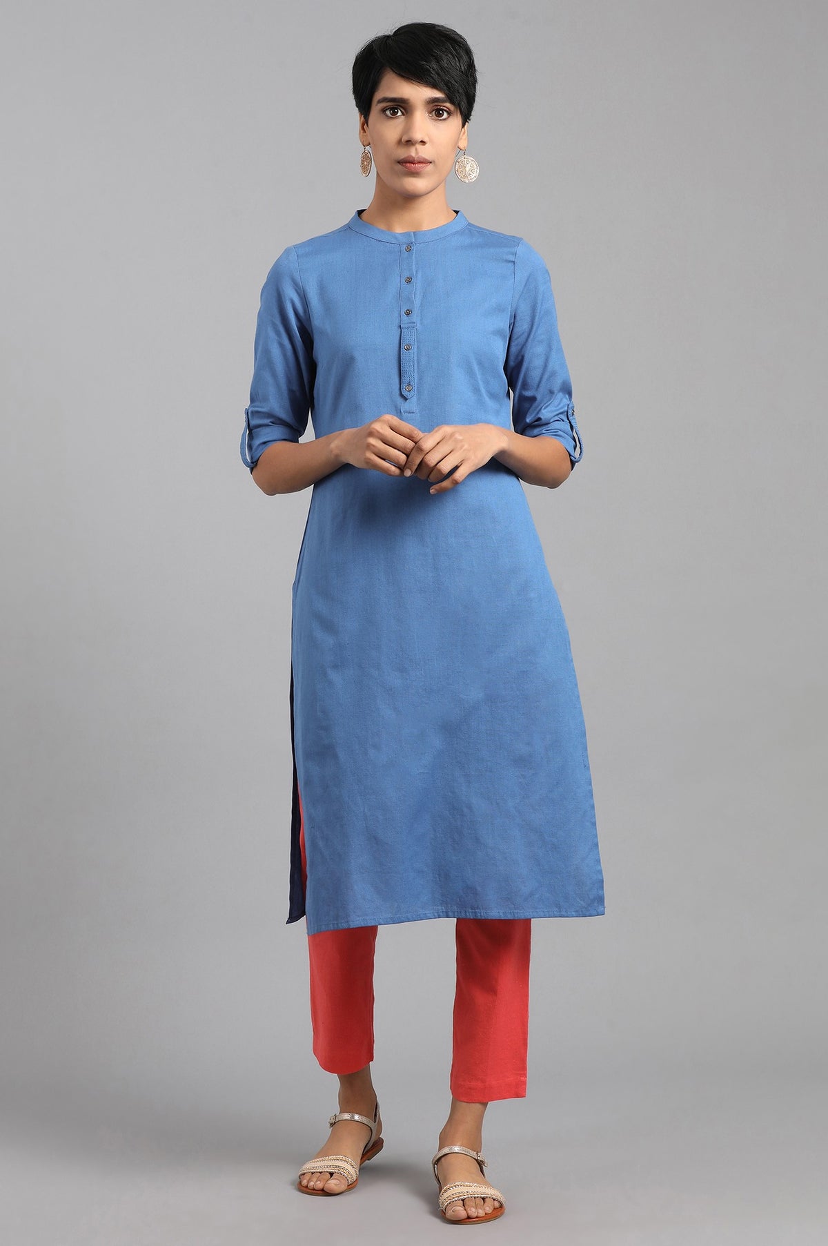 Blue Solid Straight Cotton Kurta - XS