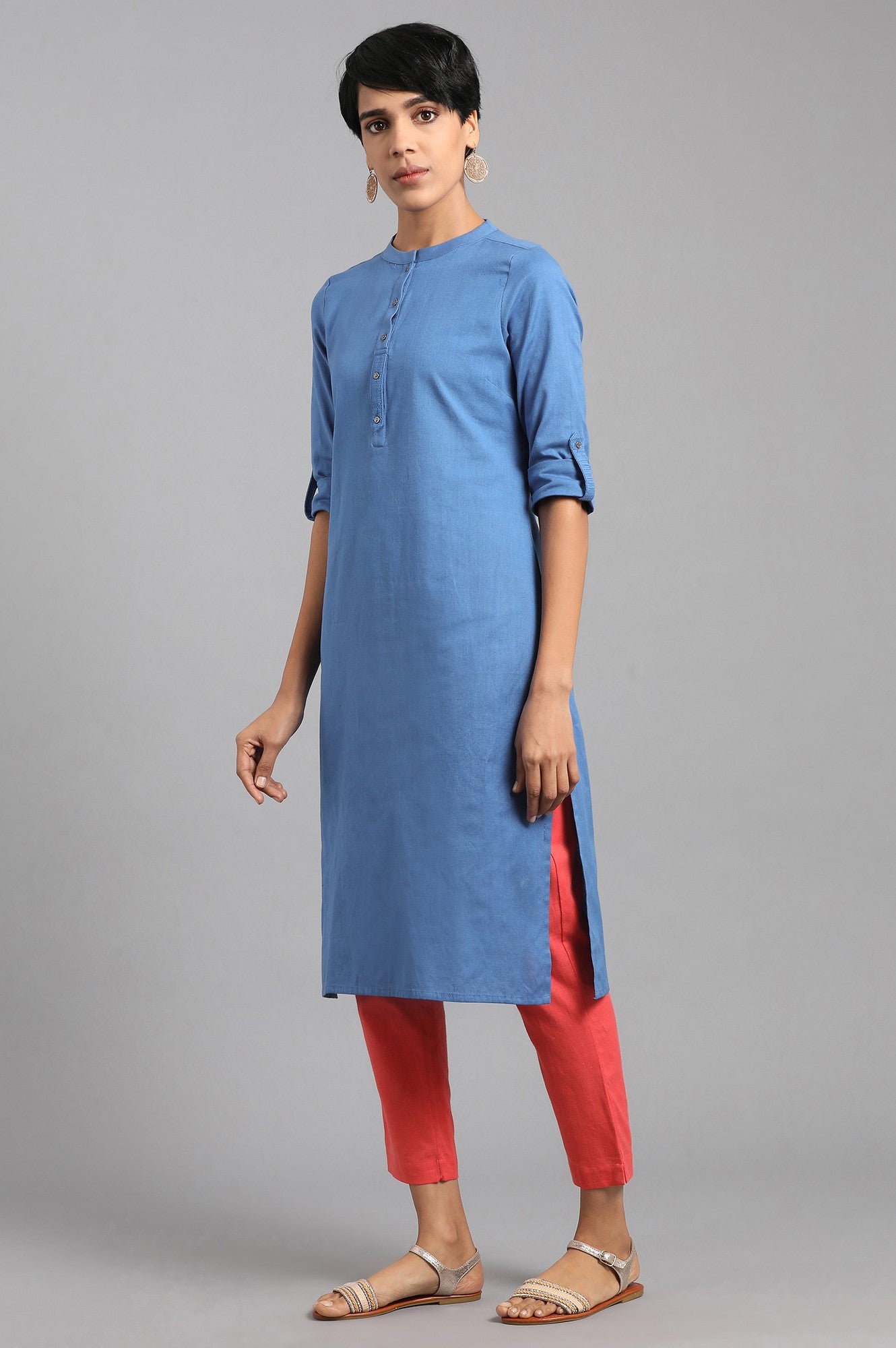 Blue Solid Straight Cotton Kurta
