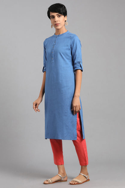 Blue Solid Straight Cotton Kurta