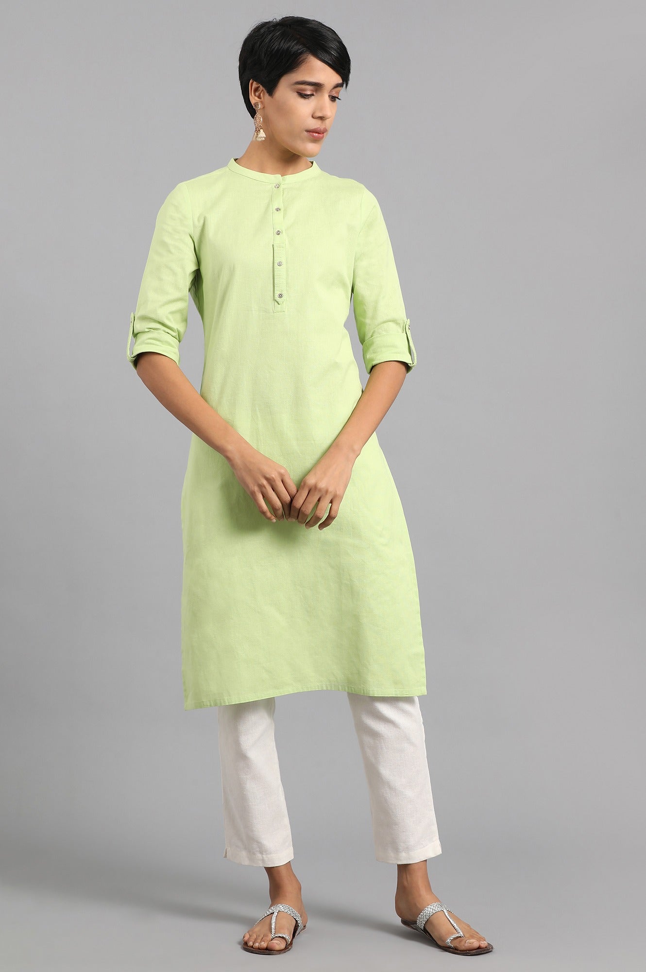 Green Mandarin Neck Solid kurta