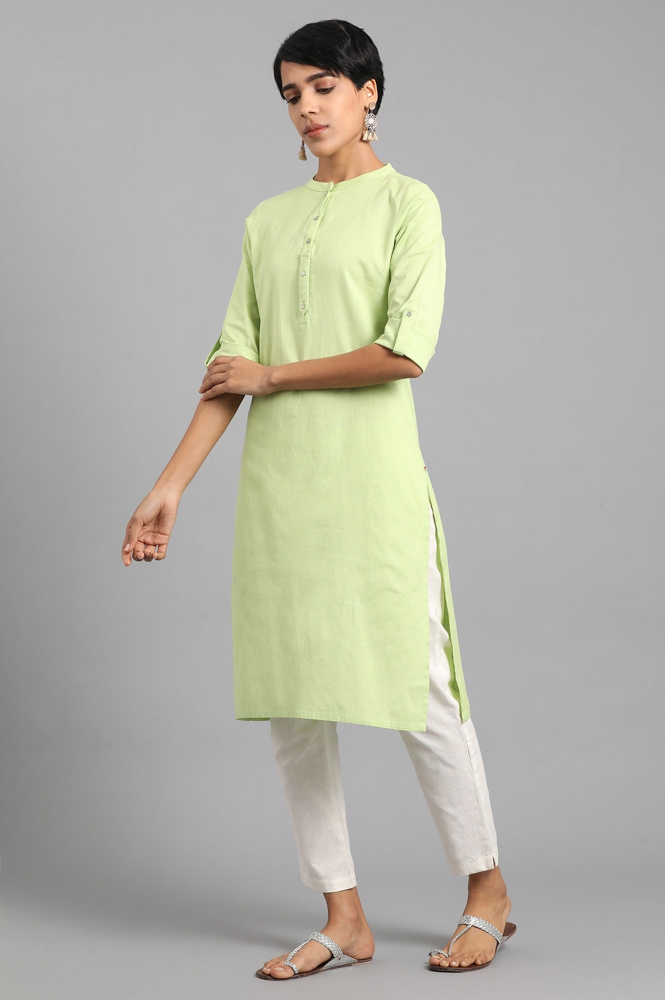 Green Mandarin Neck Solid kurta