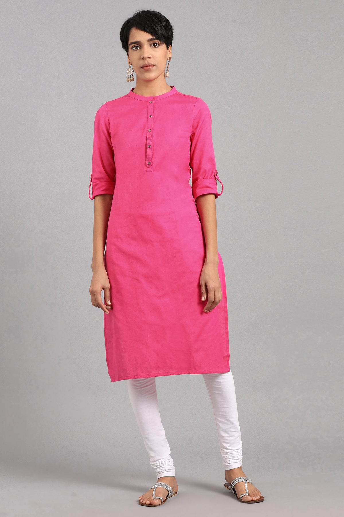 Pink Solid Straight Cotton Kurta - XS