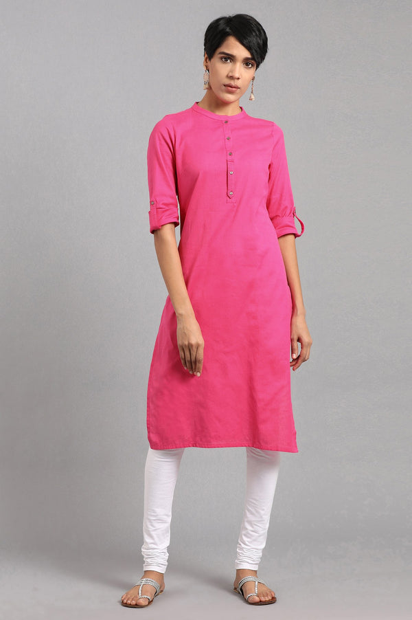Pink Solid Straight Cotton Kurta