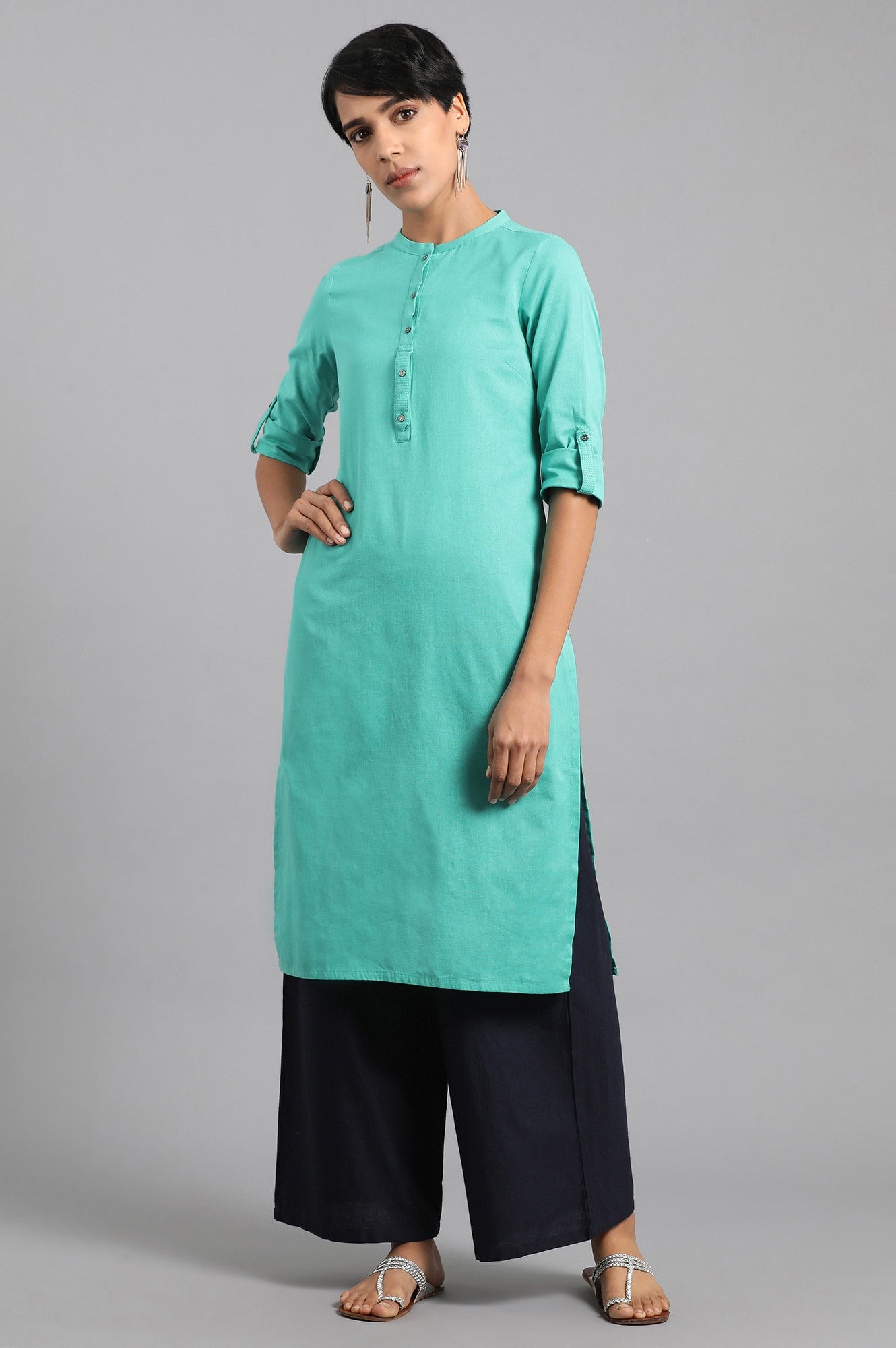 Green Solid Straight Cotton Kurta