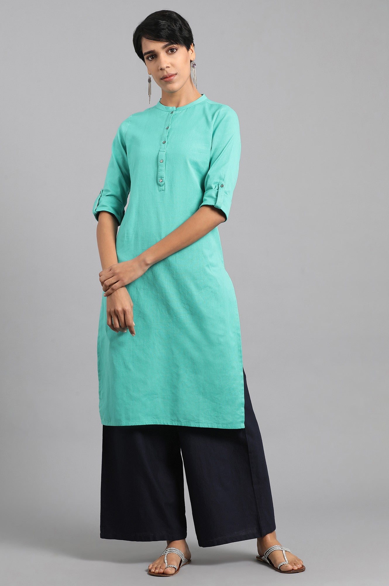 Green Solid Straight Cotton Kurta