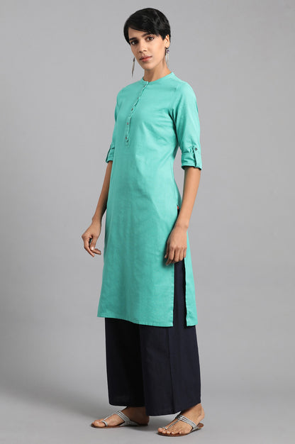 Green Solid Straight Cotton Kurta