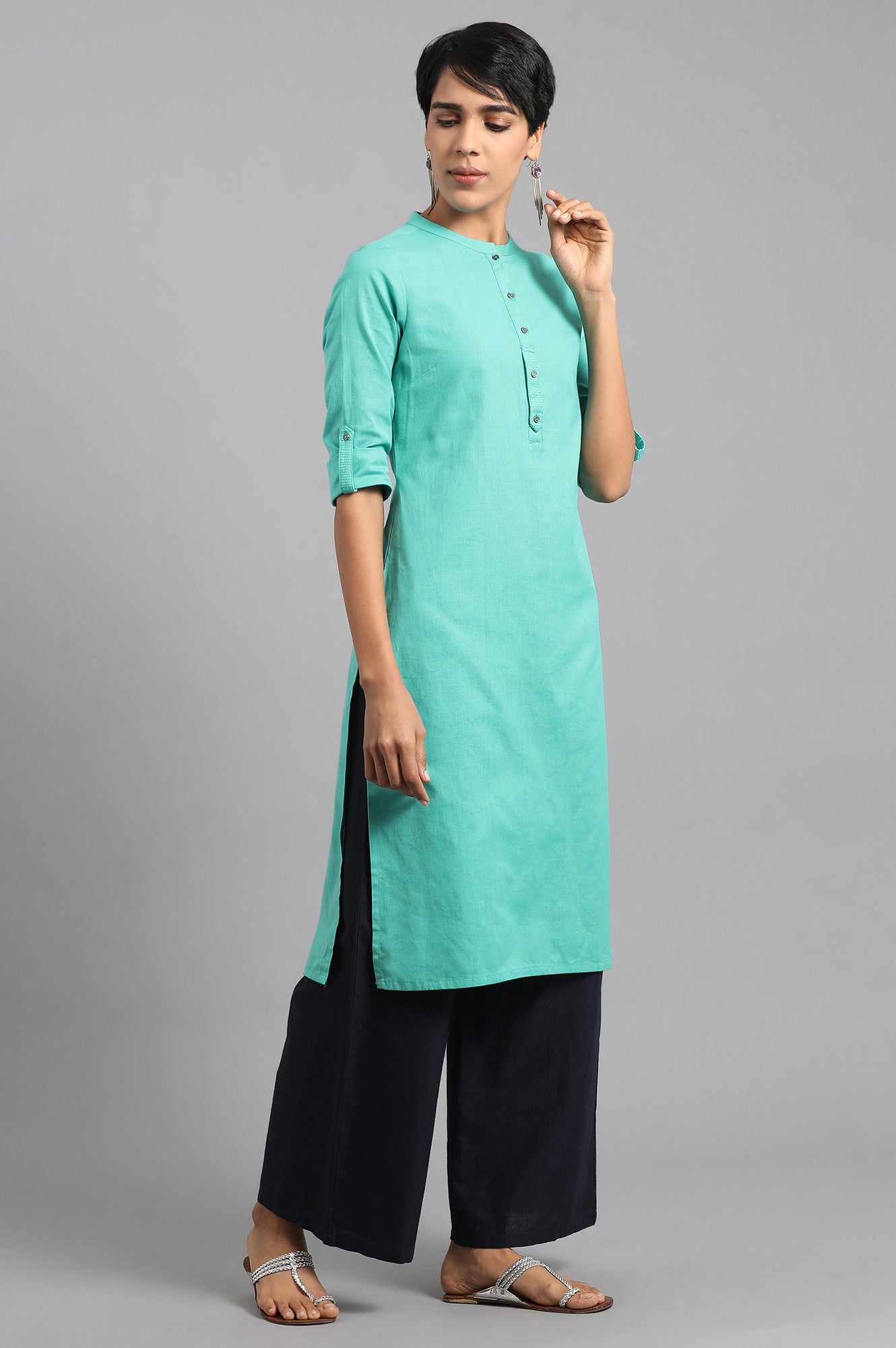 Green Solid Straight Cotton Kurta