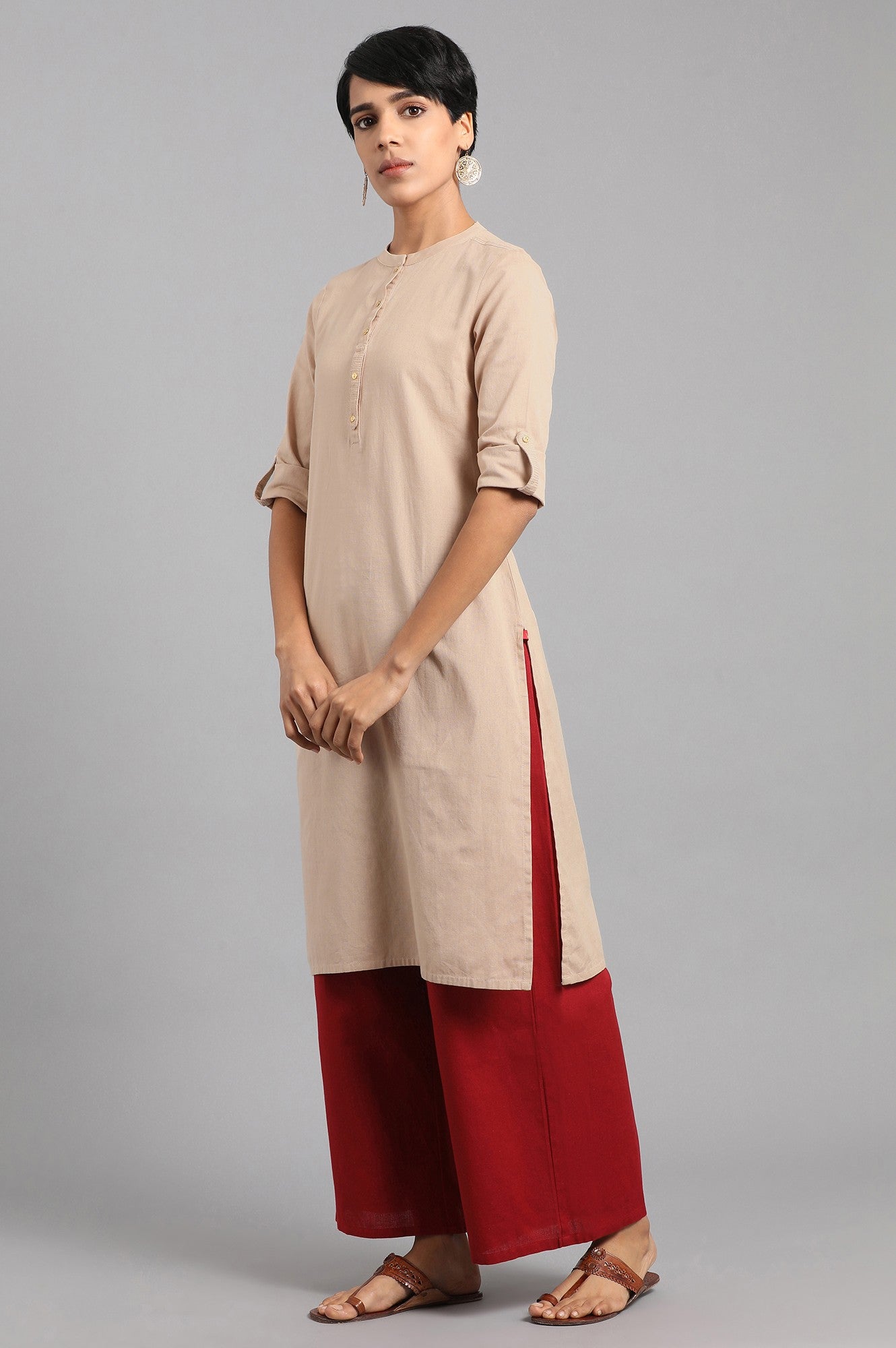 Beige Solid Straight Cotton Kurta