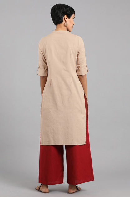 Beige Solid Straight Cotton Kurta