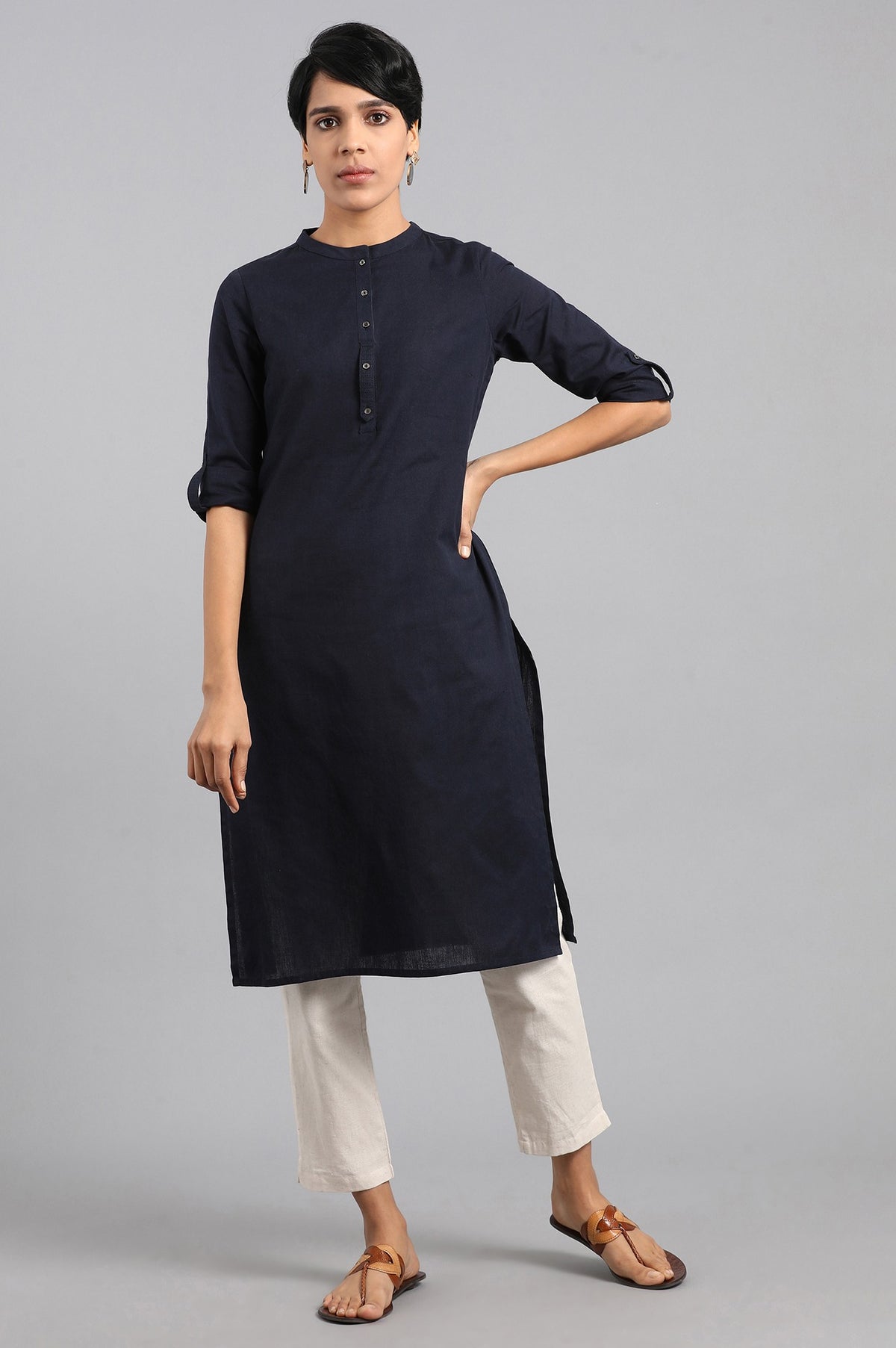 Blue Solid Straight Cotton Flax Kurta - XS