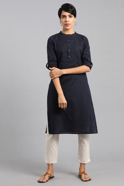 Blue Solid Straight Cotton Flax Kurta