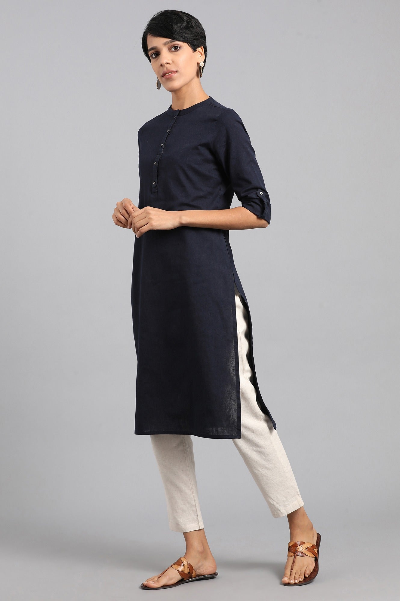 Blue Solid Straight Cotton Flax Kurta