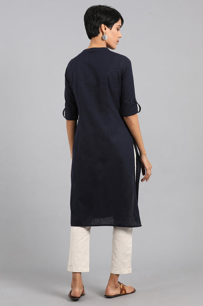 Blue Solid Straight Cotton Flax Kurta