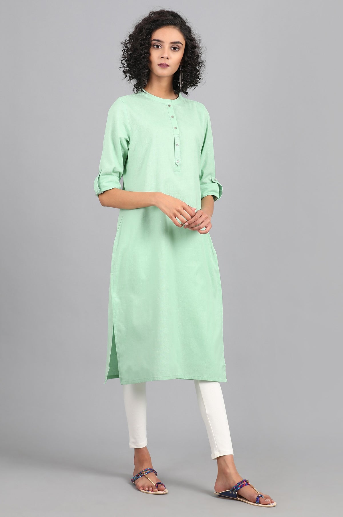 Light Green Solid Straight Cotton Kurta - XS