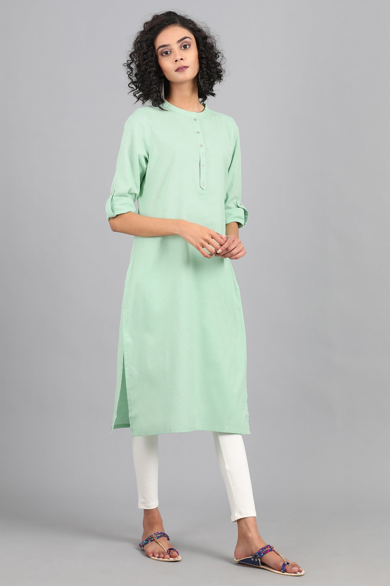 Light Green Solid Straight Cotton Kurta