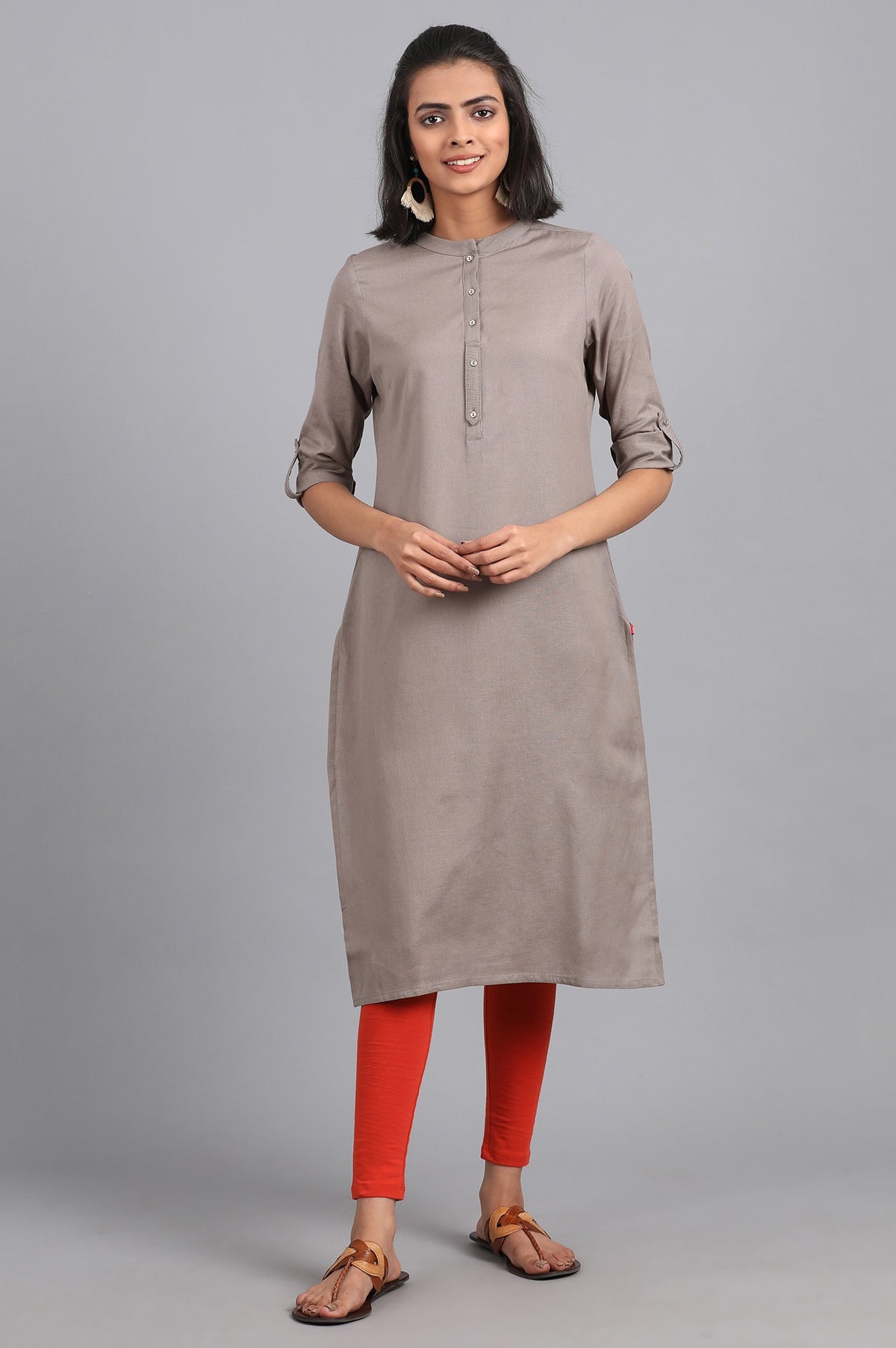 Grey Solid Straight Cotton Kurta - XS