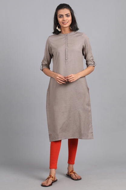 Grey Solid Straight Cotton Kurta