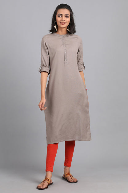 Grey Solid Straight Cotton Kurta