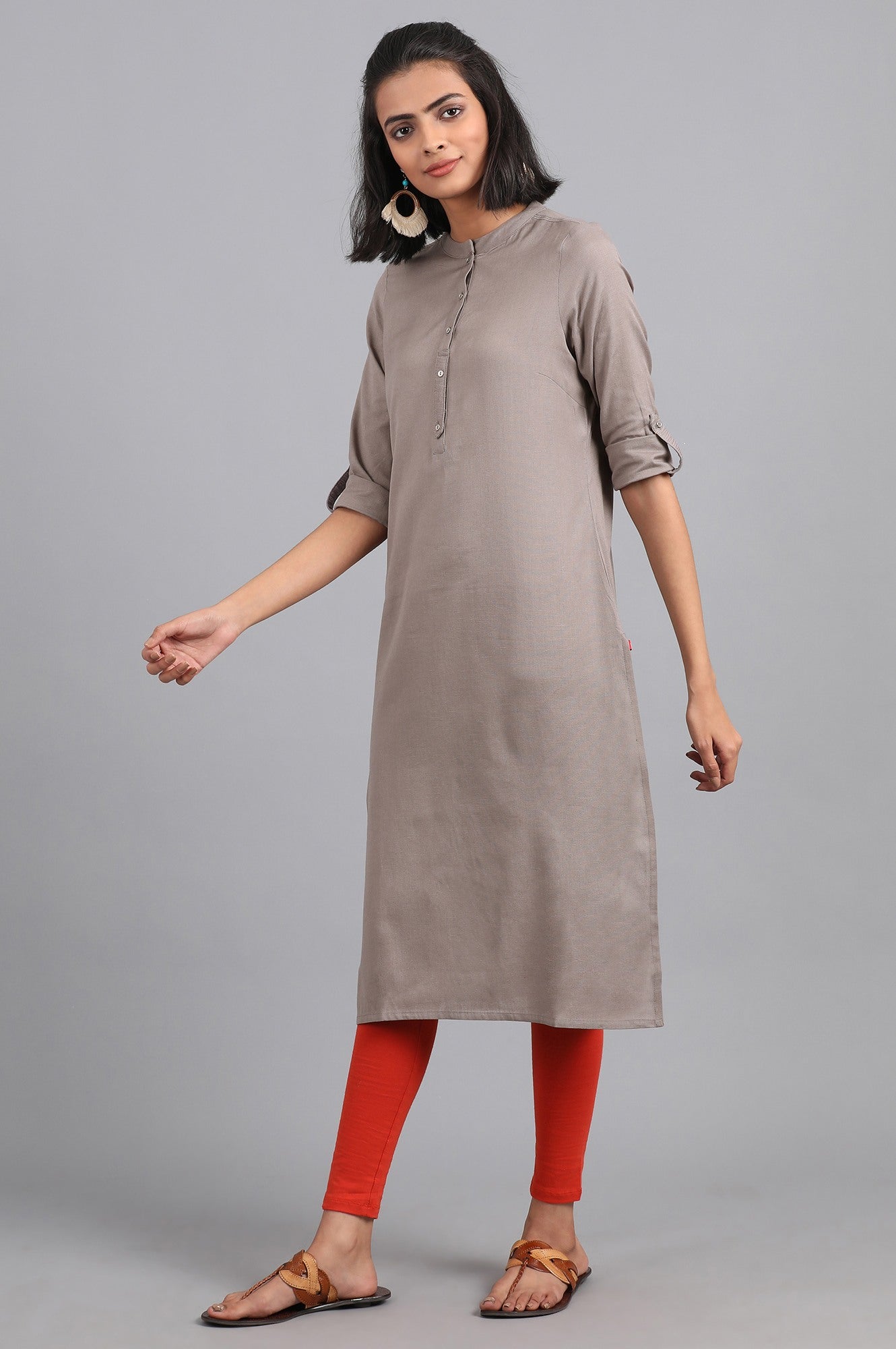 Grey Solid Straight Cotton Kurta
