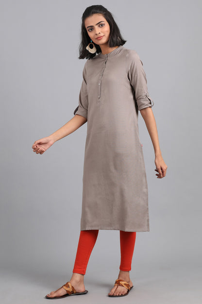 Grey Solid Straight Cotton Kurta