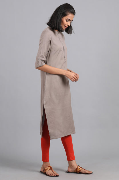 Grey Solid Straight Cotton Kurta