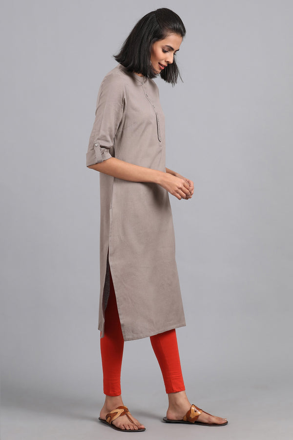 Grey Solid Straight Cotton Kurta