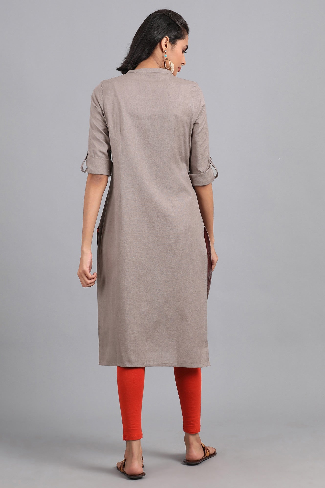 Grey Solid Straight Cotton Kurta