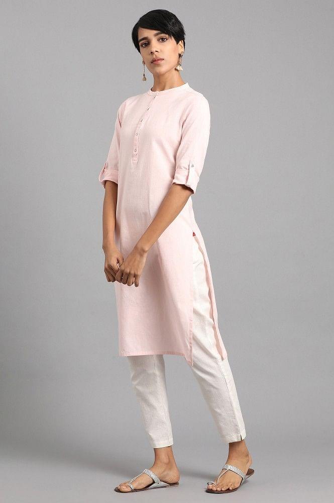 Pink Mandarin Neck Solid kurta - wforwoman