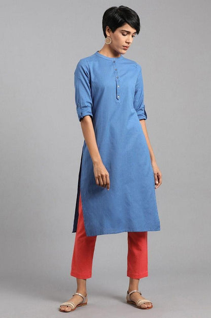 Blue Mandarin Neck Solid kurta - wforwoman