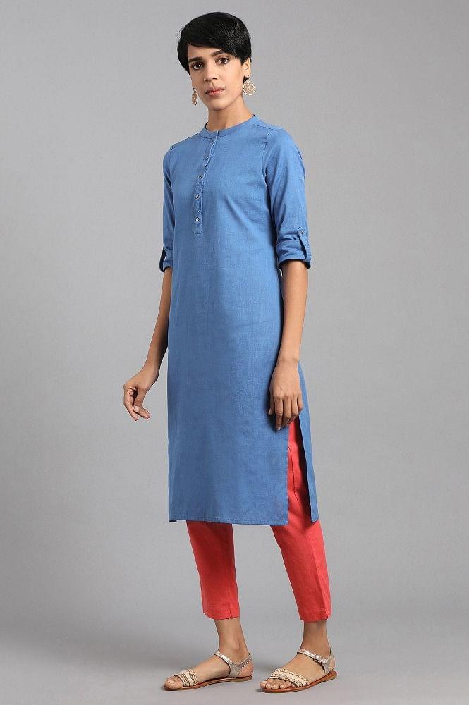 Blue Mandarin Neck Solid kurta - wforwoman